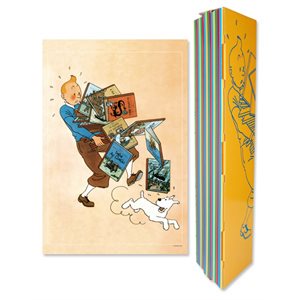 Affiche Tintin tenant les albums